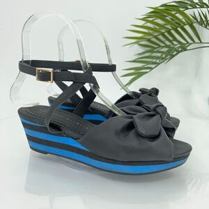 Charlotte Olympia Alexa Wedge Women's 5.5 Black Leather Bow Rubber Sole Sandals